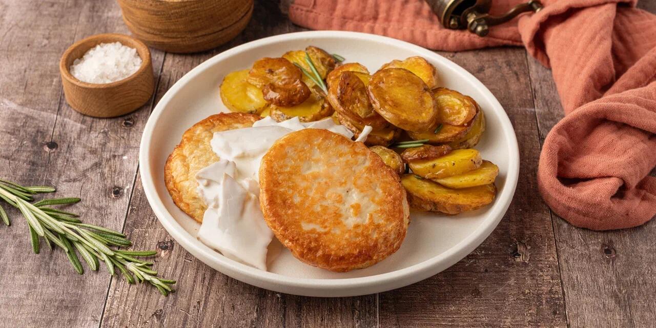 Милти: Котлетки из куриного филе в сливочно-грибном соусе с запеченным картофелем