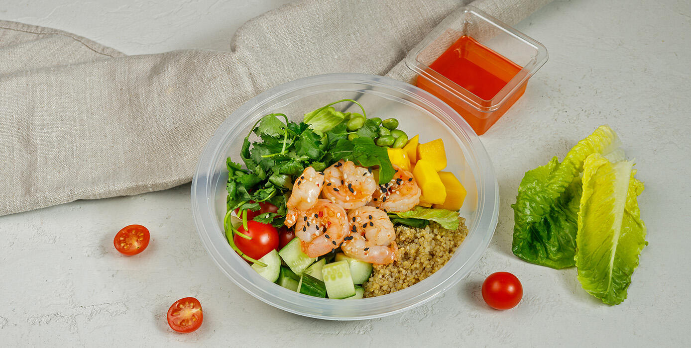 Милти: Зеленый боул с креветками и киноа